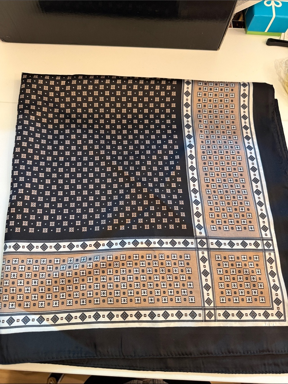 Classic Black and Tan Geometric Silk feel Scarf